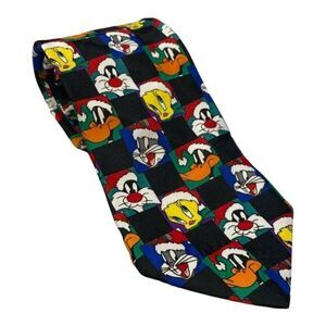 VINTAGE Looney Tunes Christmas Tie Necktie Daffy Bugs Sylvester Tweety 90s Santa